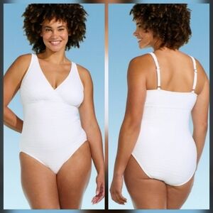 Lands' End Ribbed Vneck One Piece Swimsuit White XL